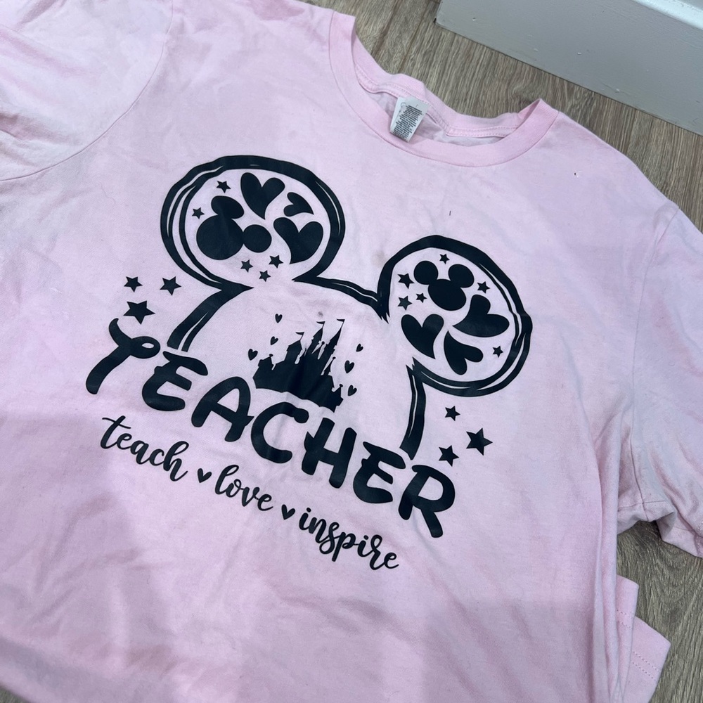 Disney Pink Teacher Graphic Tee with Black Castle & Ears